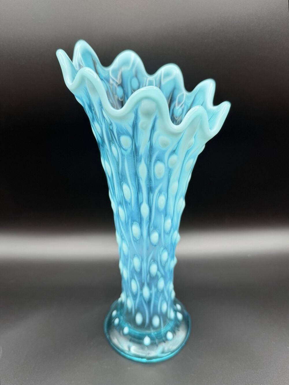 Antique Northwood Blue Opalescent Tree Trunk Swung Glass Vase 10.5” UV Reactive
